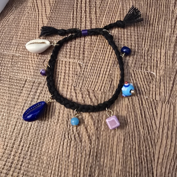 Vintage Bracelet NWOT FREE PEOPLE Adjustable with 8 Charms, Thick Black Cord - Picture 2 of 8